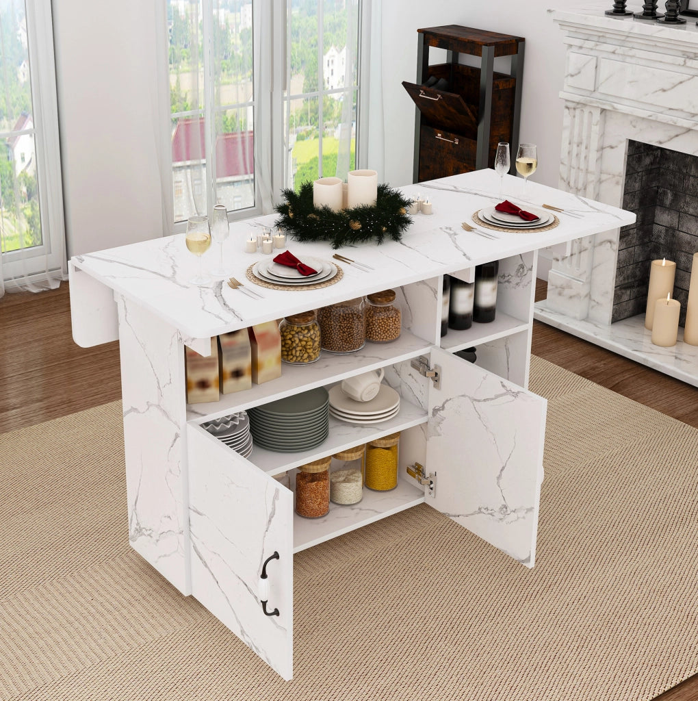 Tavolo pieghevole mobile 3 in 1 110x70x80 cm in MDF bianco con 5 ruote e vani portaoggetti