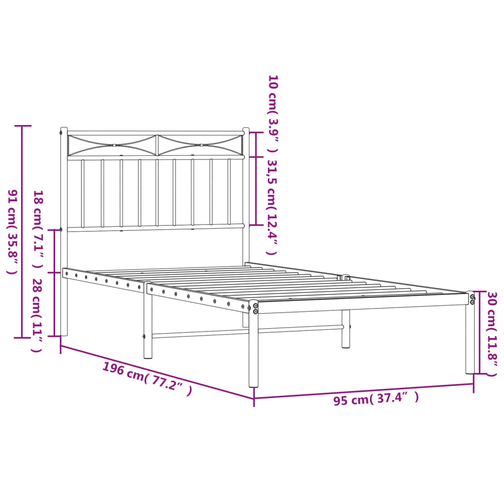 Letto singolo | Letto per adulti | Giroletto con Testiera in Metallo Nero 90x190 cm