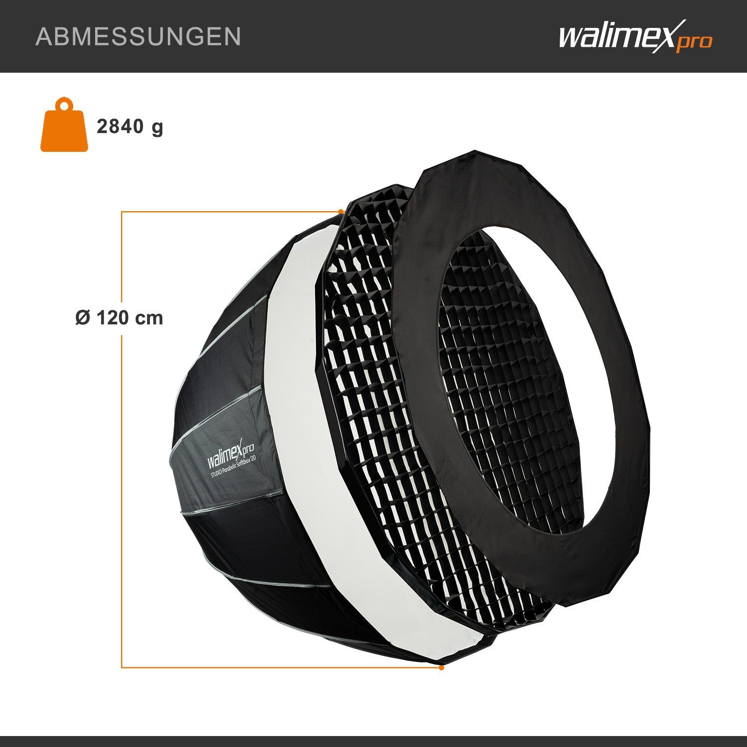 Studio Parabolic Softbox 120cm + adattatore softbox per Hensel Expert, ruotabile a 360°, facile da configurare grazie alla funzione ombrello, include griglia, maschera
