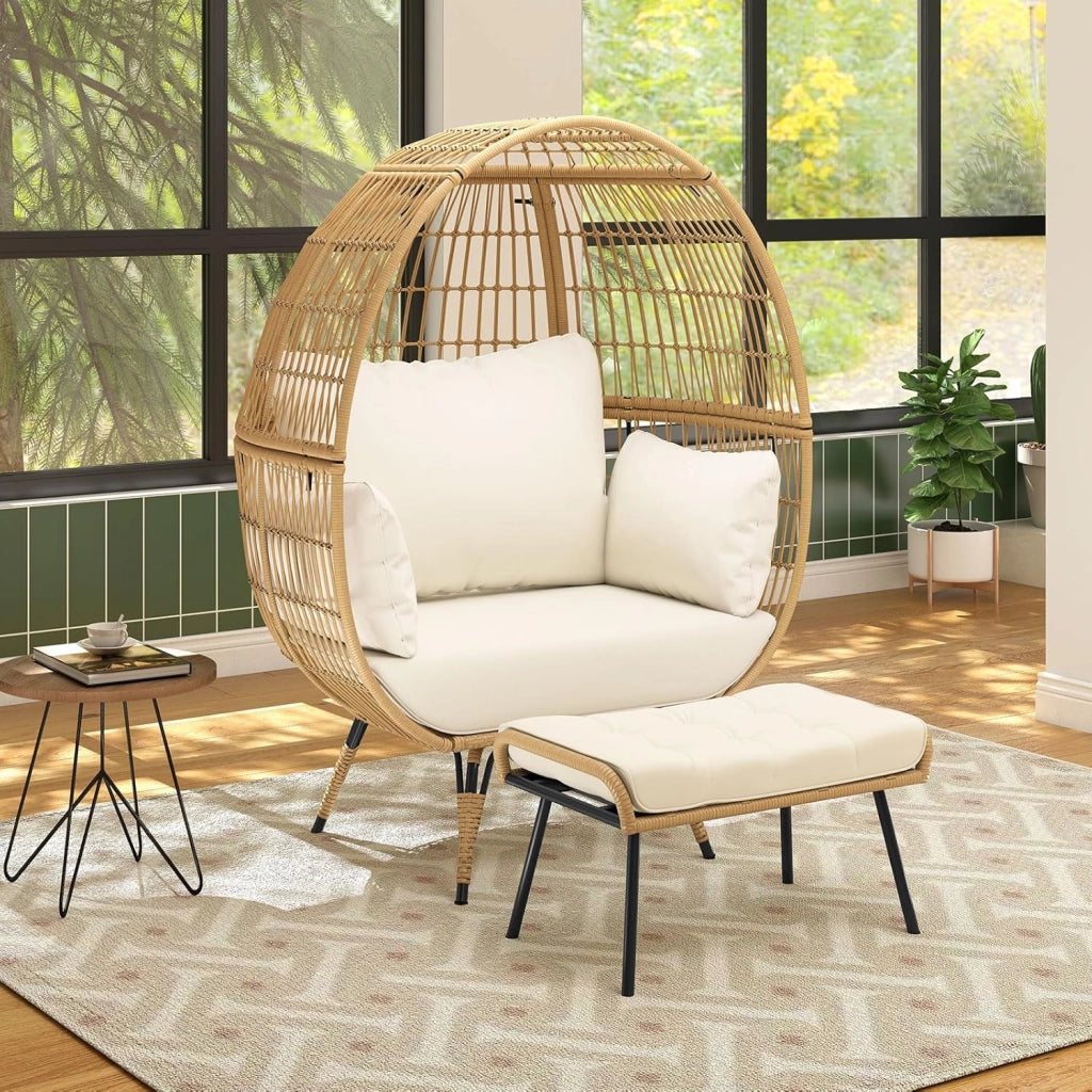 Sedia a Uovo con Poggiapiedi, Set da 2 Pezzi in Rattan con Struttra in Metallo e Cuscini Morbini, Portata 205 kg, Poltrona Relax per Soggiorno, Terrazzo, Giardino e Cortile
