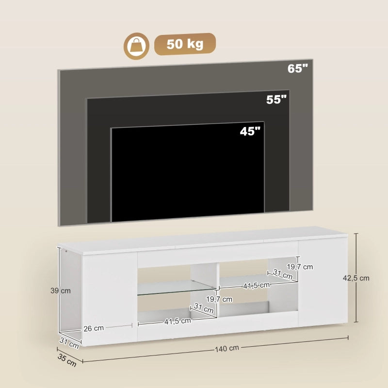 Mobile porta TV con 6 vani e 2 ripiani in vetro per TV fino a 65 pollici, in truciolare FSC, bianco, 140 cm