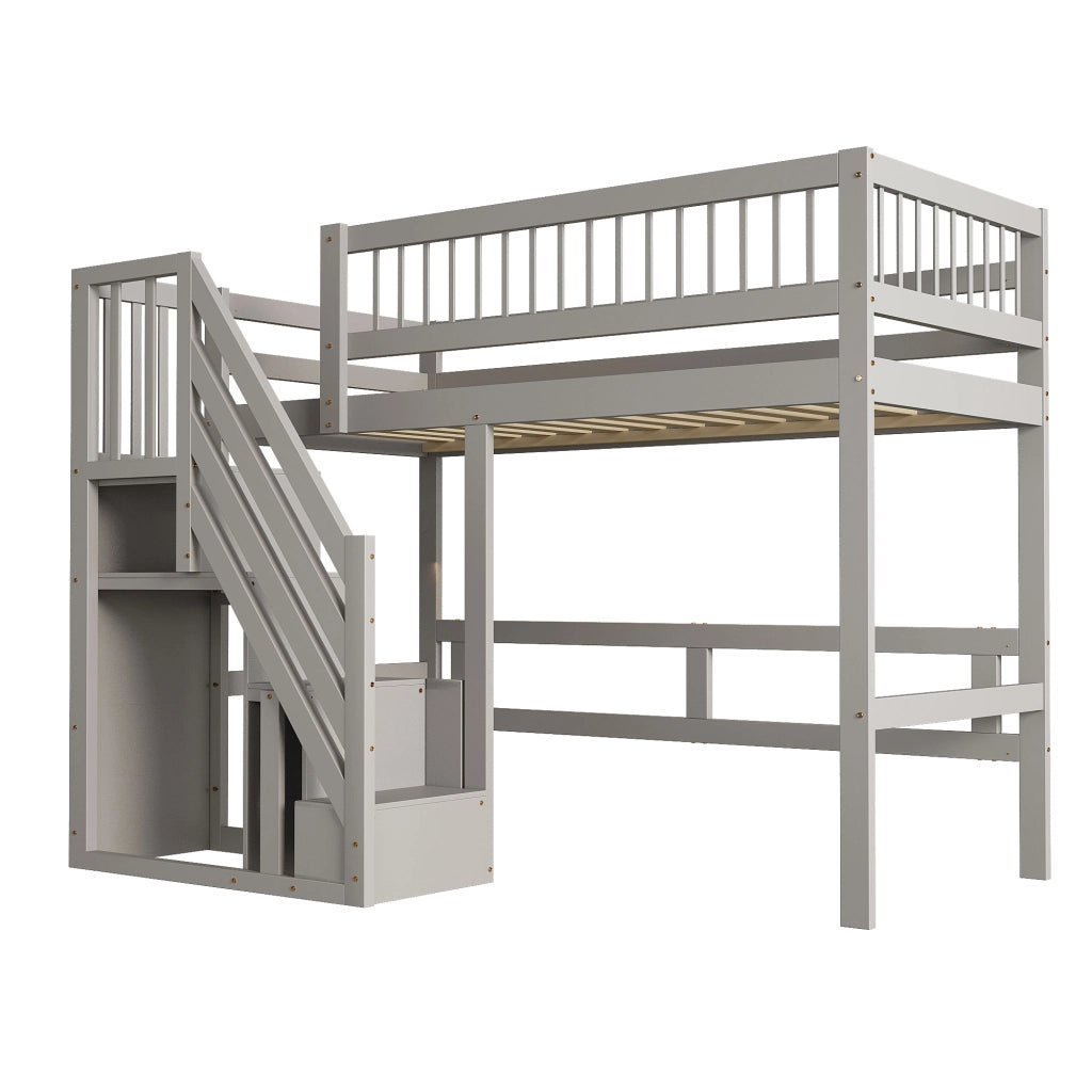 Letto a Soppalco Singolo con Scala Contenitore e Sponde 90×200 cm; senza Materasso; in Legno; Grigio