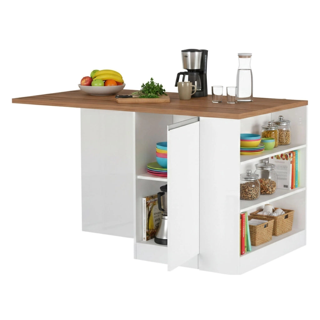 Isola da cucina Abern, Tavolo ausiliario portaoggetti, Mobile da cucina a 2 ante, 100% Made in Italy, 160x90h90 cm, Bianco lucido e Rovere