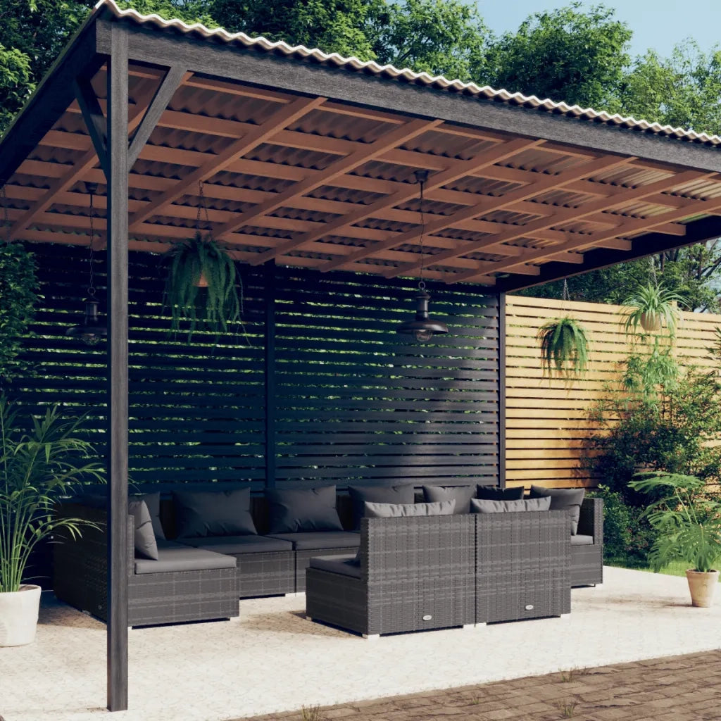 Set Salotto da Giardino 9 pz con Cuscini in Polyrattan Grigio 3102029