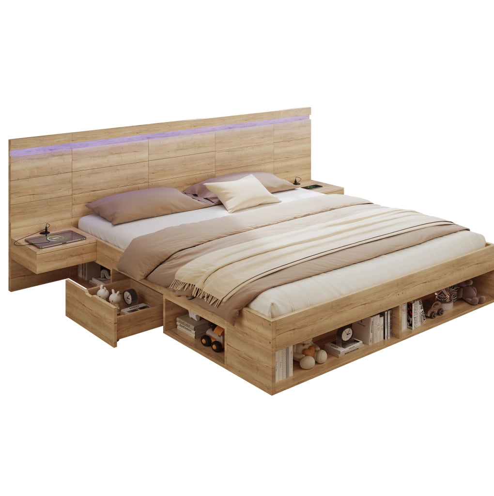 Letto in MDF con LED, ricarica USB/USB-C, comodini e contenitori, naturale