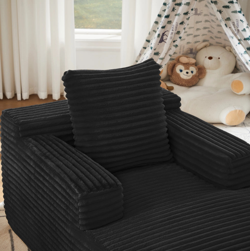 Divano letto ULEVR in velluto a coste nero, chaise longue e poltrona relax senza montaggio