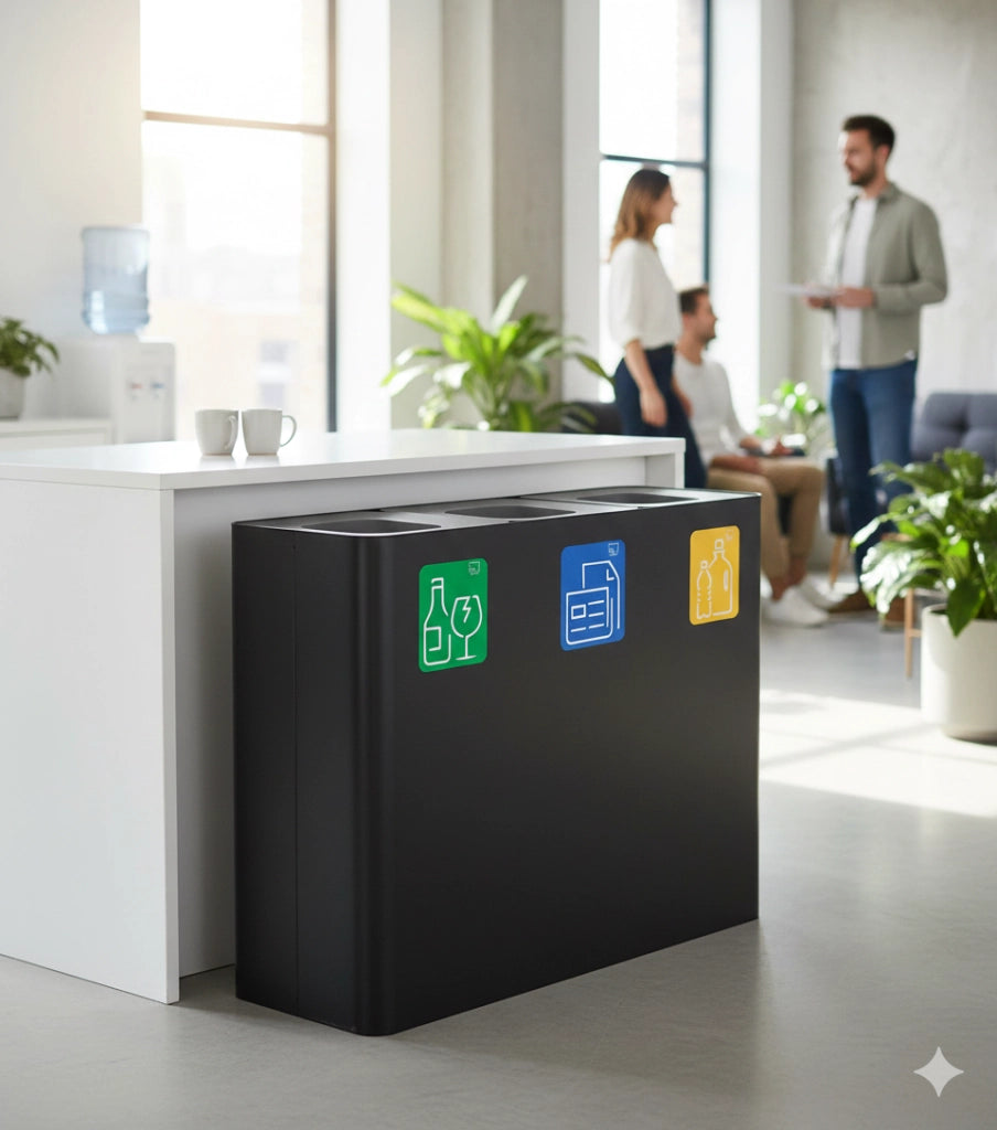 Pattumiera Sistema di Raccolta Rifiuti 90x30xh80 cm In Acciaio Verniciato 3 Scomparti Nero
