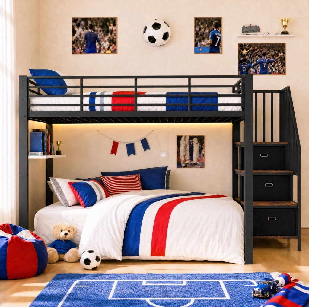 Letto a castello 140x200 cm in metallo e MDF nero con scala contenitore; LED e prese USB
