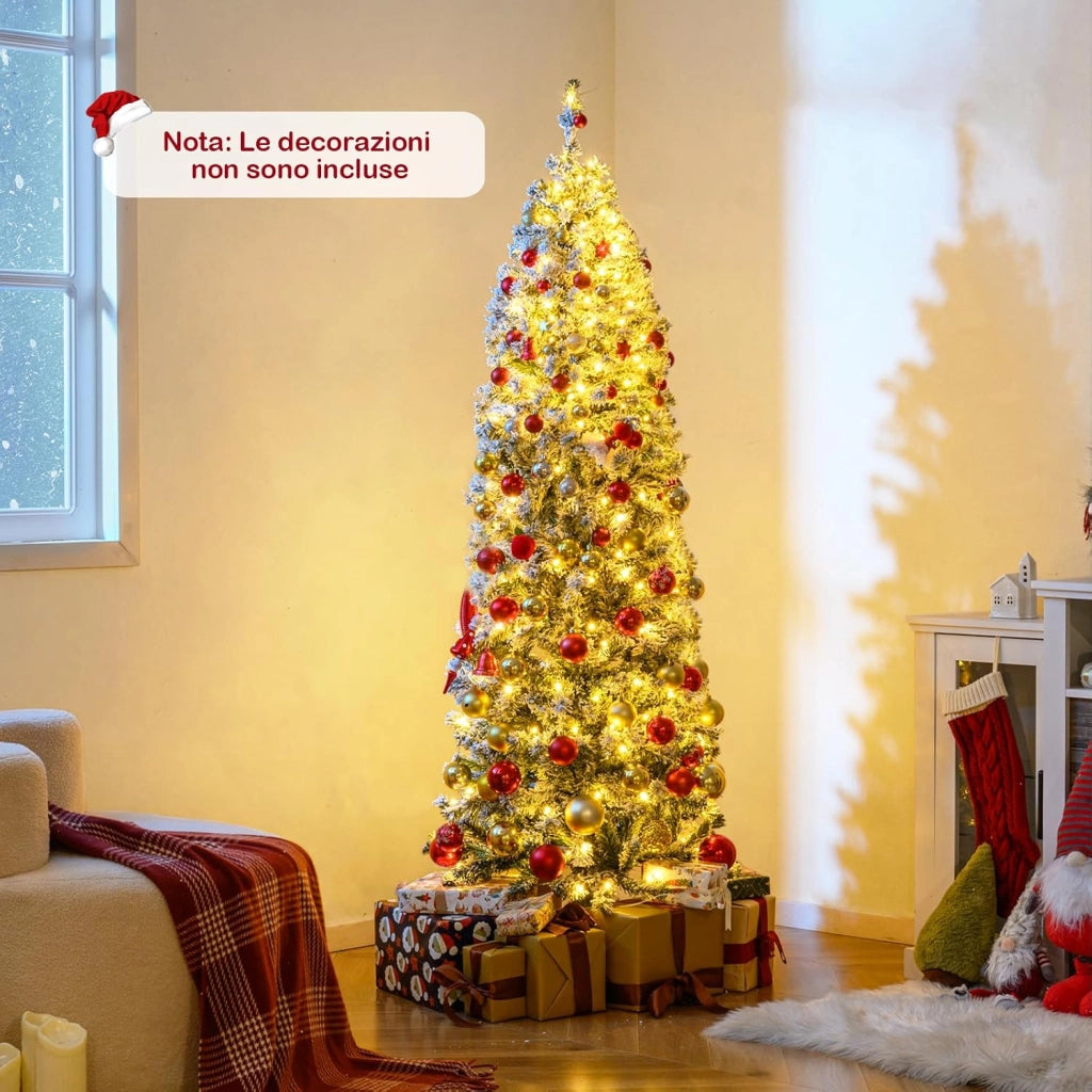 Albero di Natale Slim 180cm, Albero di Natale Innevato con 260 Luci LED, 8 Modalità, 533 Rami in PVC e Base in Metallo Pieghevole, Decorazione Natalizia per Casa e Ufficio (180 cm)