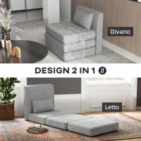 Poltrona Letto Pieghevole da Terra a 3 Sezioni Salvaspazio in Tessuto, 80x75x74 cm, Grigio