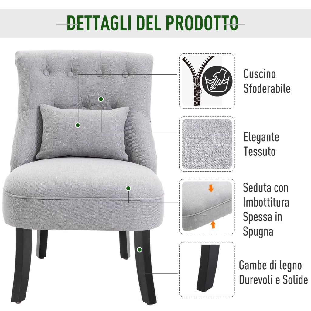 EasyComfort Poltrona per Salotto Imbottita con Cuscino e Piedini Antiscivolo, Poltrona D'Arredo in Tessuto Effetto Lino e Legno, 52.5x69x77 cm, Grigio