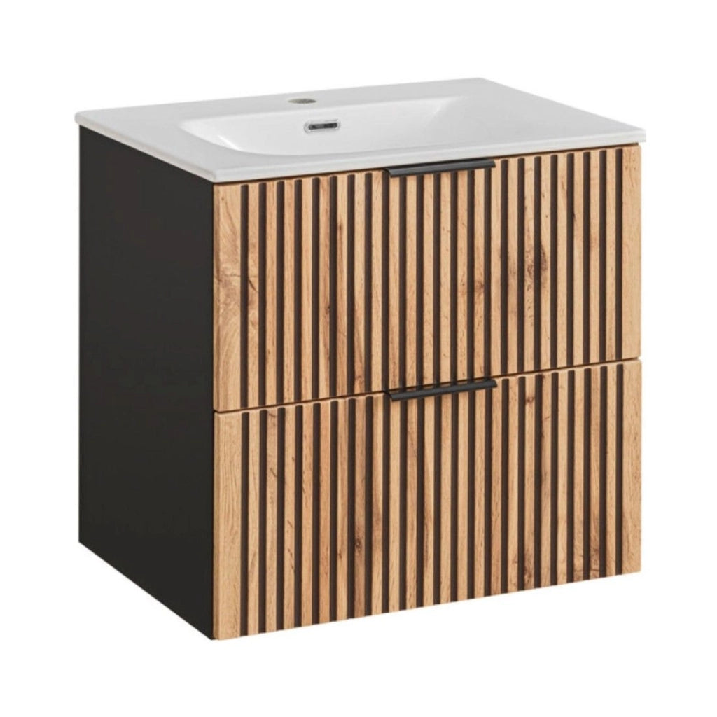 Set da bagno KINOKO: mobiletto sotto lavabo con cassetti 60cm + lavabo da incasso bianco + sifone