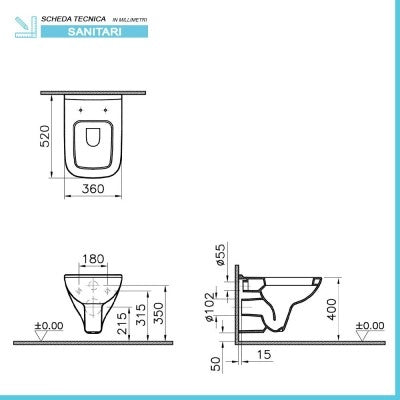 Sanitari sospesi Rimless in ceramica lucido e copriwc originale  Venti