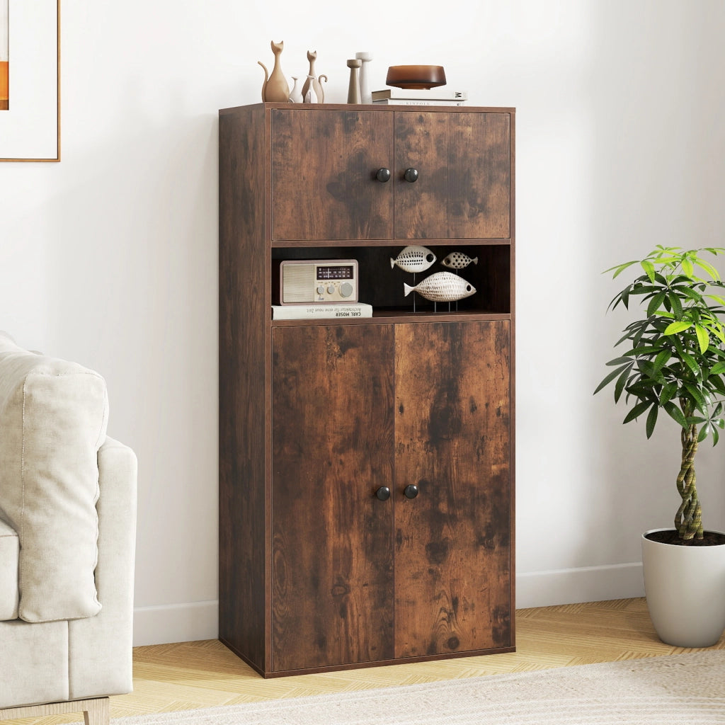 Libreria alta 111 cm con 4 ante-Vetrina autoportante con 2 kit anti-ribaltamento per casa Marrone Rustico