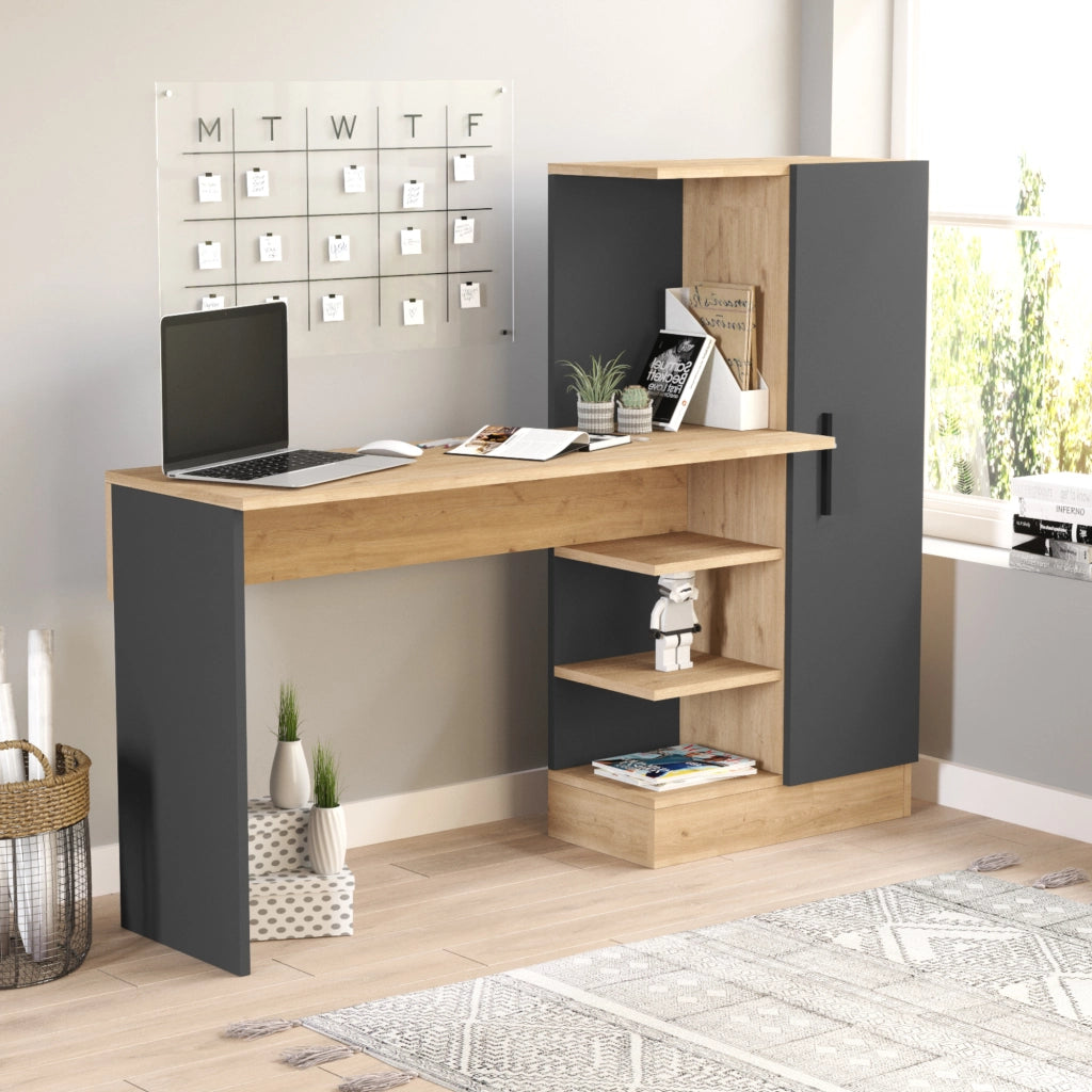 Scrivania Varhalo con Armadio Integrato e Ripiani Aperti - Effetto Rovere / Antracite [en.casa]