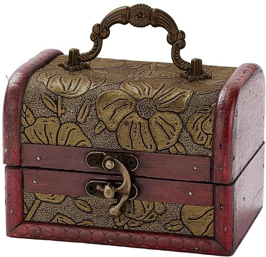 Miniatura in legno con cassetta per gioielli, retro scrigno, piraata, scatola di conservazione, piccola decorazione con pelle d'arredamento europea e maniglia, per gioielli, perle, regali di compleanno