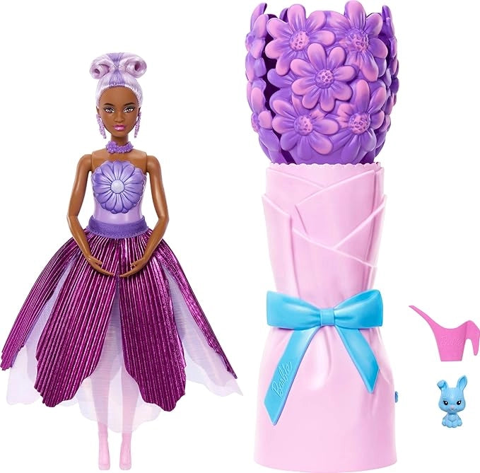 Barbie Petal Pop, bambola profumata con abito floreale viola e accessori, sorpresa bouquet con coniglietto e accessori c
