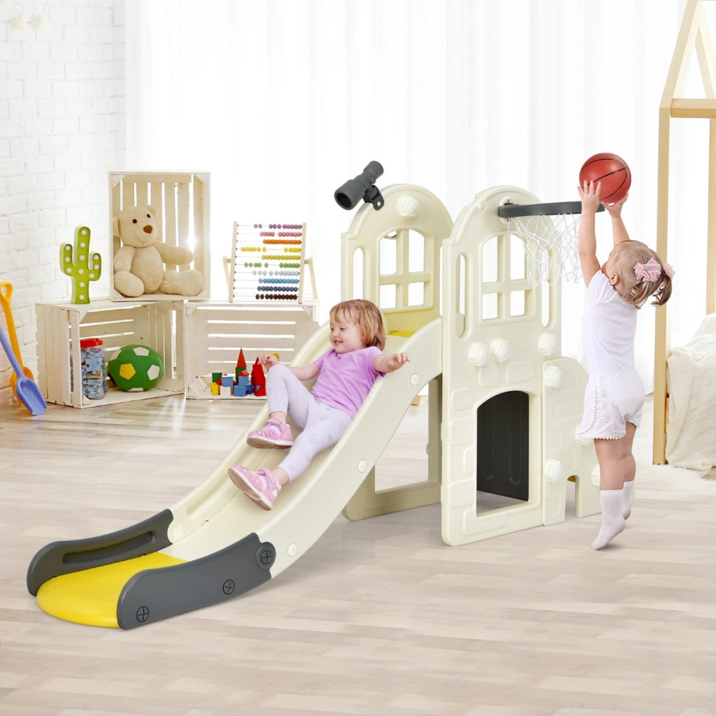 Scivolo grande per bambini 6 in 1 con canestro palla lancio dell'anello e cannocchiale, Set da gioco Giallo-Arrampicate e scivoli