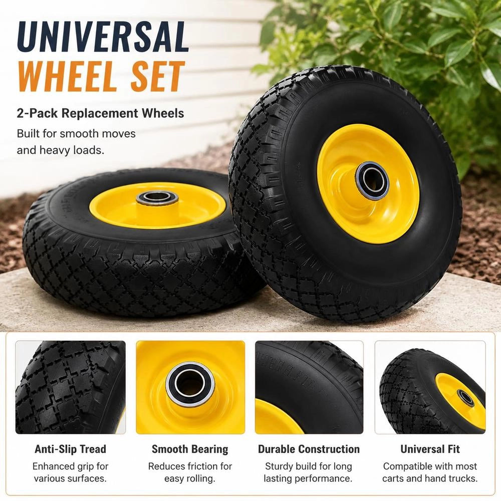 2 Pack Hand Truck Wheels, Solid PU Rubber, 260x85 Mm, Heavy Duty Metal Hub, For Platform Trolley