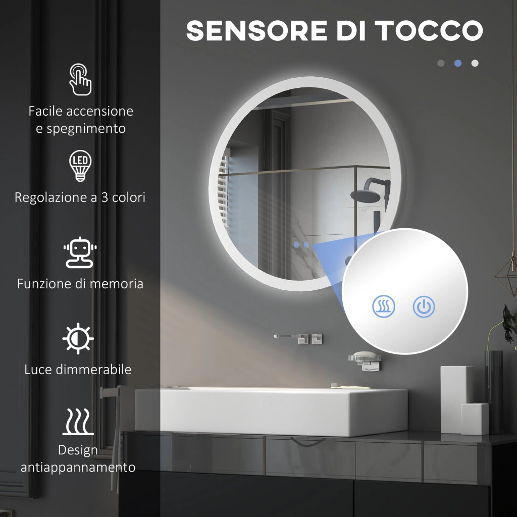 EasyComfort Specchio Bagno LED Antiappannamento con 3 Colori e Luminosità Regolabile, in Metallo e Vetro, Ø70x3 cm