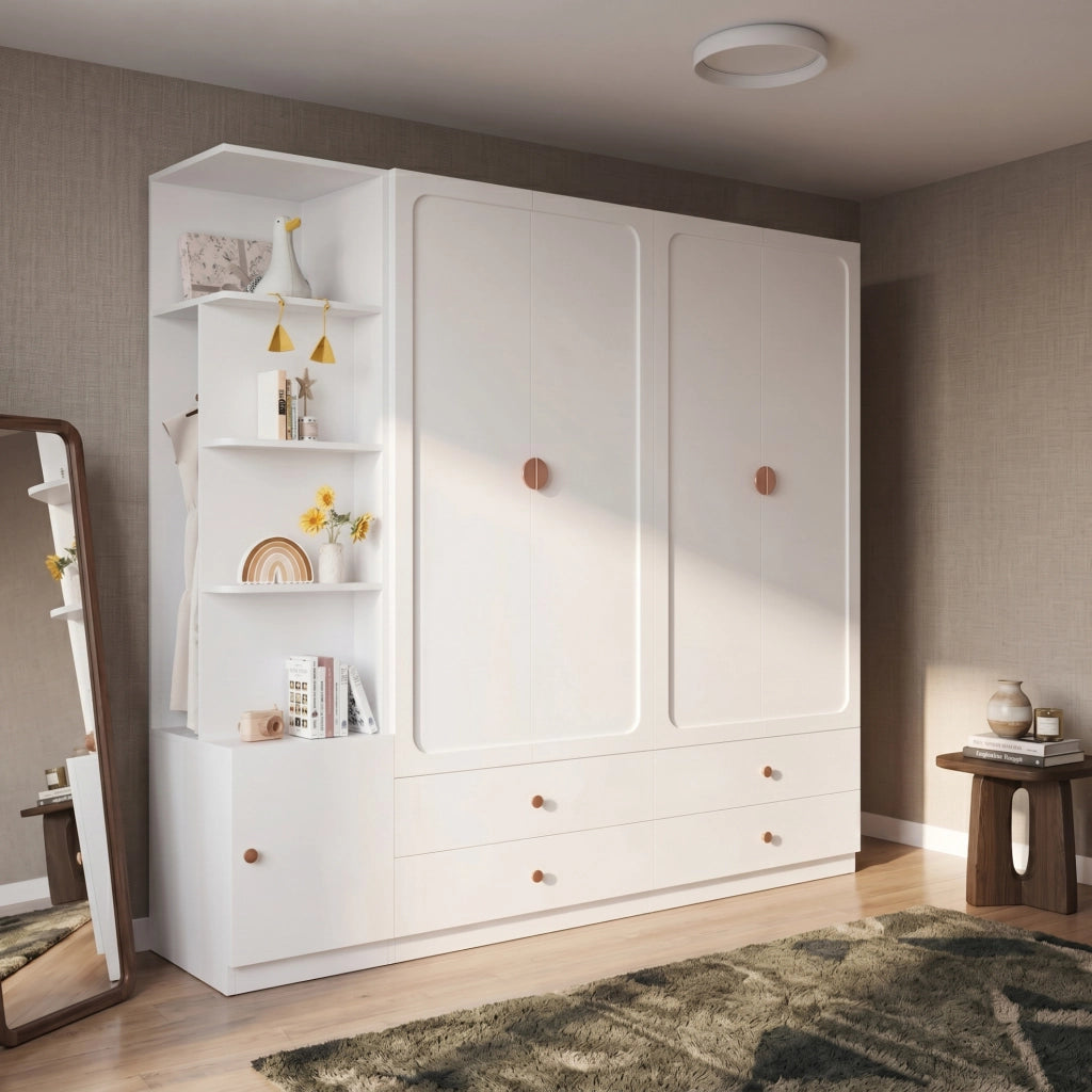 Armadio bianco 225 × 45 × 200 cm con 3 barre appendiabiti e 4 cassetti