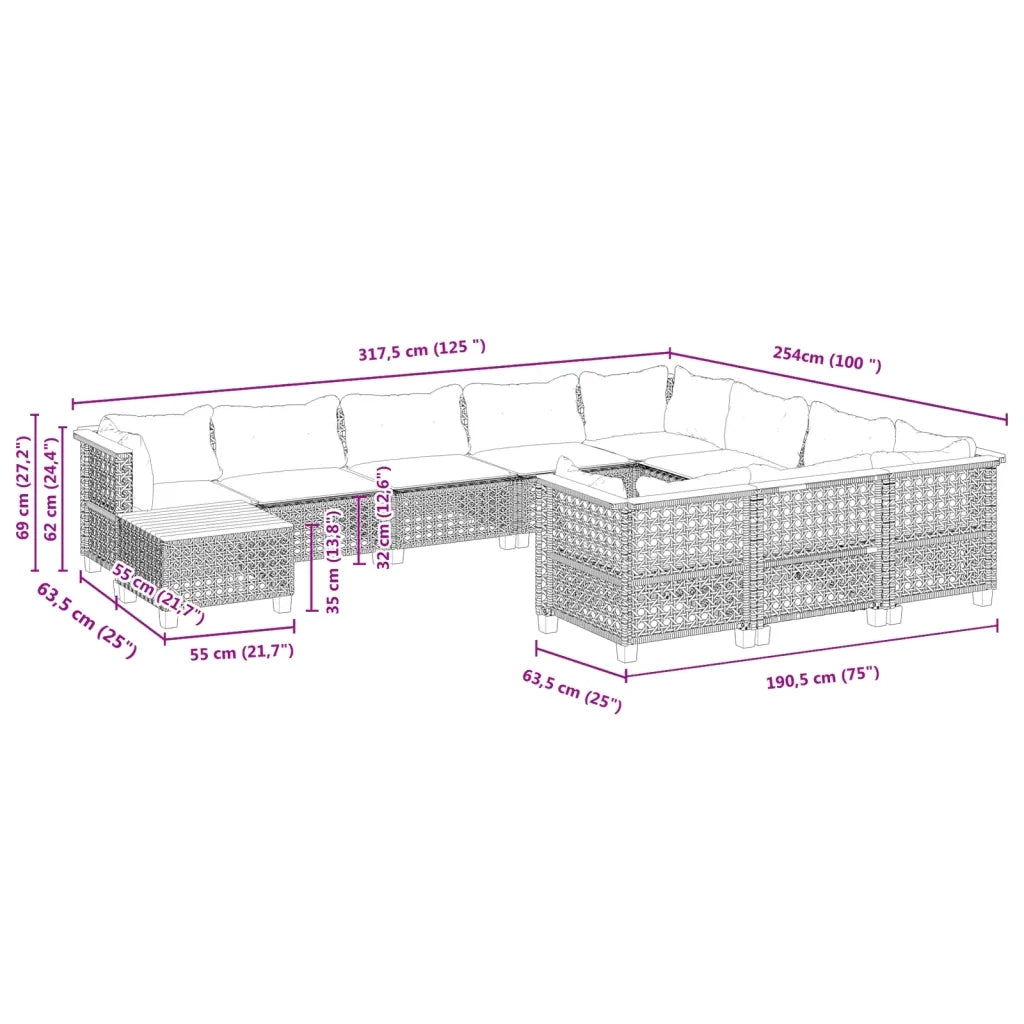 Set Divani da Giardino 11 pz con Cuscini in Polyrattan Nero 3262058