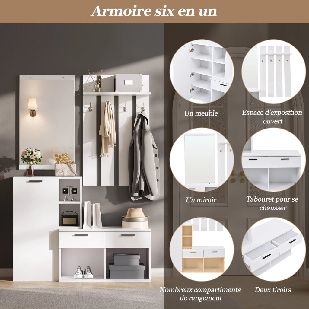 Armadio ingresso con specchio; 1 anta; 2 cassetti; 10 scomparti; 4 ganci; per ingresso; 120 Ã— 35 Ã— 175;5 cm