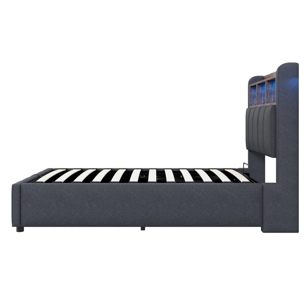 Letto singolo imbottito ULEVR 90x200 cm con contenitore idraulico, LED, USB e Type-C, grigio