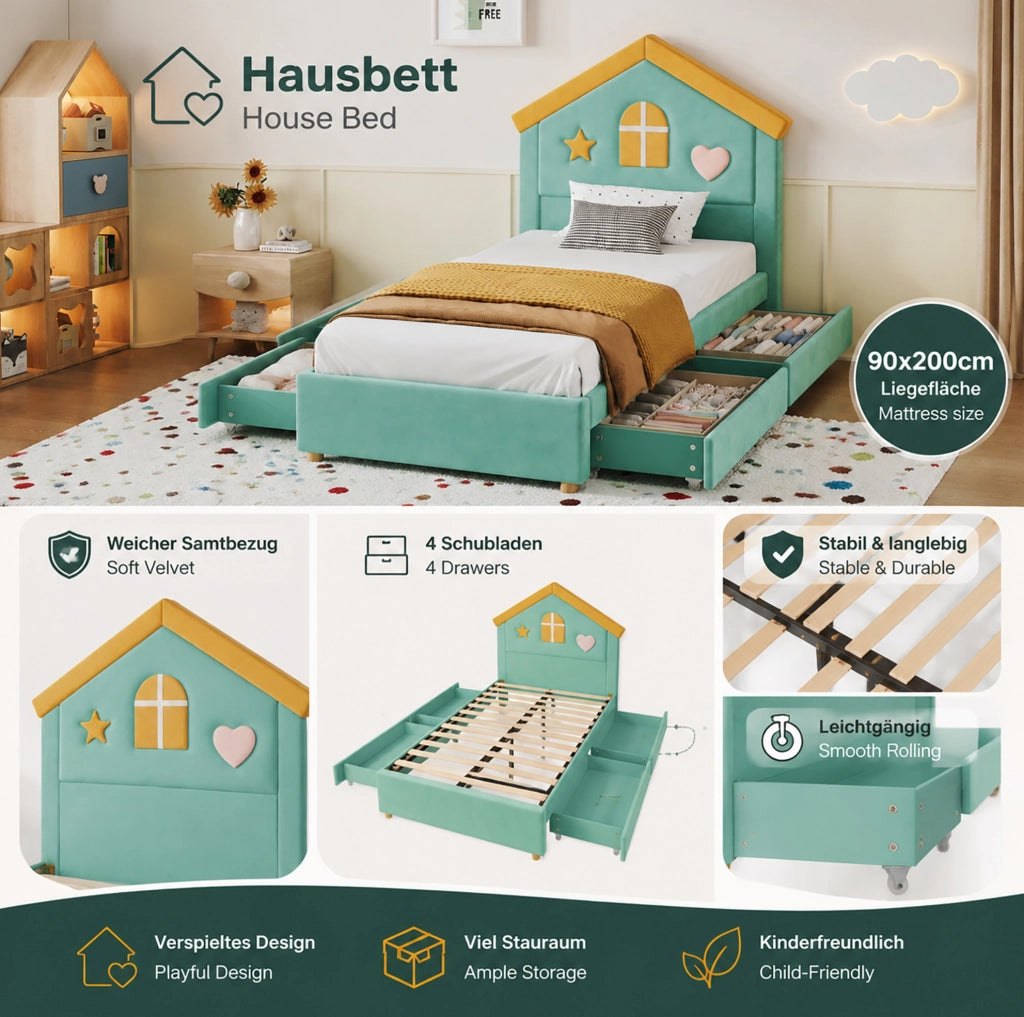 Letto per bambini imbottito a casetta 90x200 cm in velluto blu verde con 4 cassetti