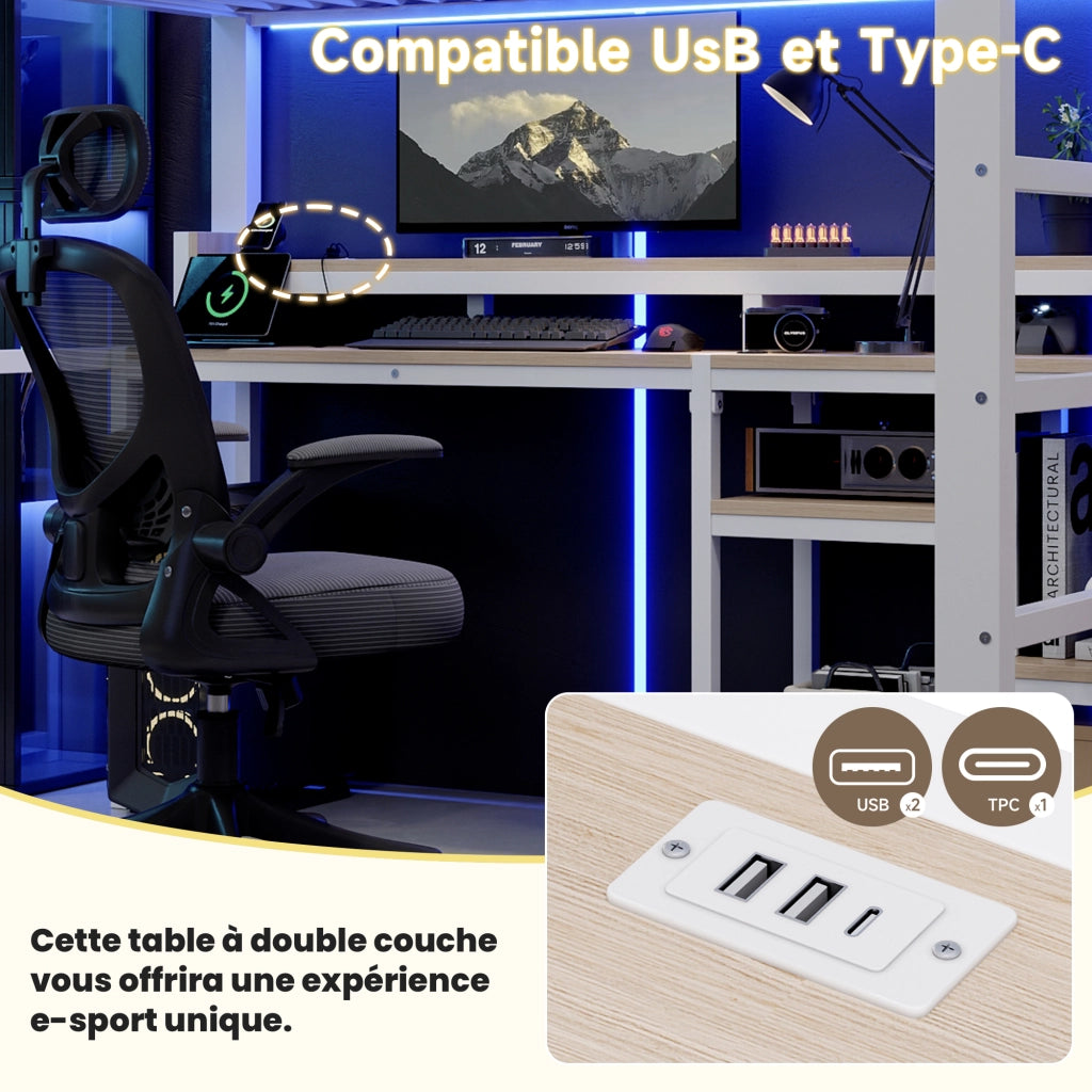 Letto a soppalco 140x200 cm per 2 persone con scala contenitore, prese USB/Type-C, ripiano e illuminazione LED, metallo bianco