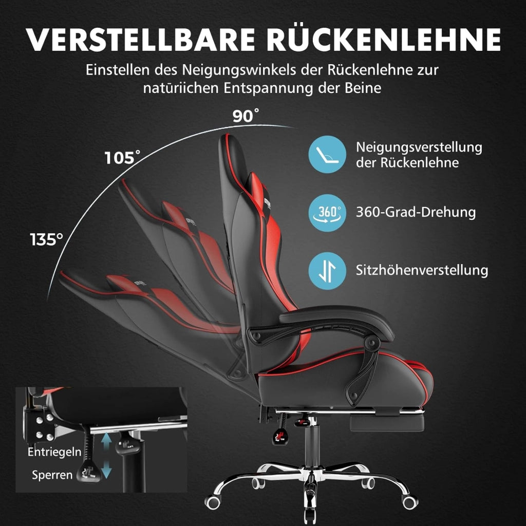 Sedia da gioco, sedia da ufficio, sedia ergonomica per PC, poltrona da gioco con supporto per massaggi, sedie Task con poggiapiedi e poggiatesta, in ecopelle rossa