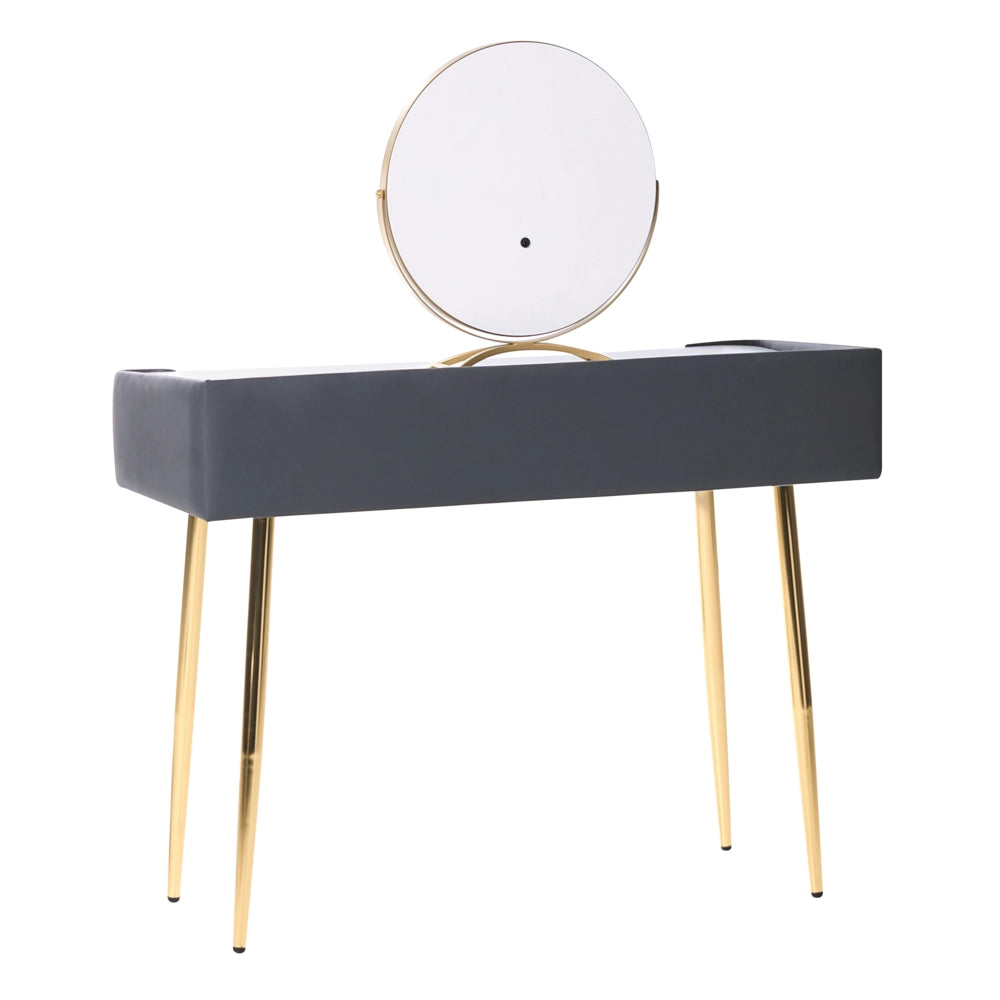 Toeletta con 2 cassetti specchio LED grigio e oro con sgabello camera da letto elegante