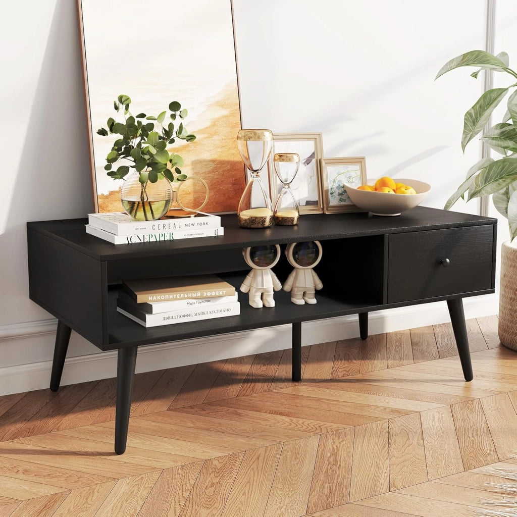 Tavolino da salotto in stile industriale, stile vintage, tavolino da caffè con 1 cassetto e 1 spazio aperto, per TV, con 4 gambe di pino, 109 x 55 x 44,5 cm (antracite)