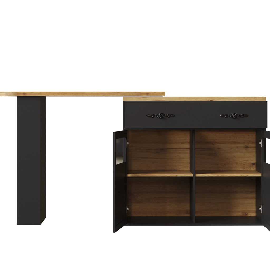Tavolo bar 138-204x39x104 cm girevole con vani portaoggetti in MDF nero
