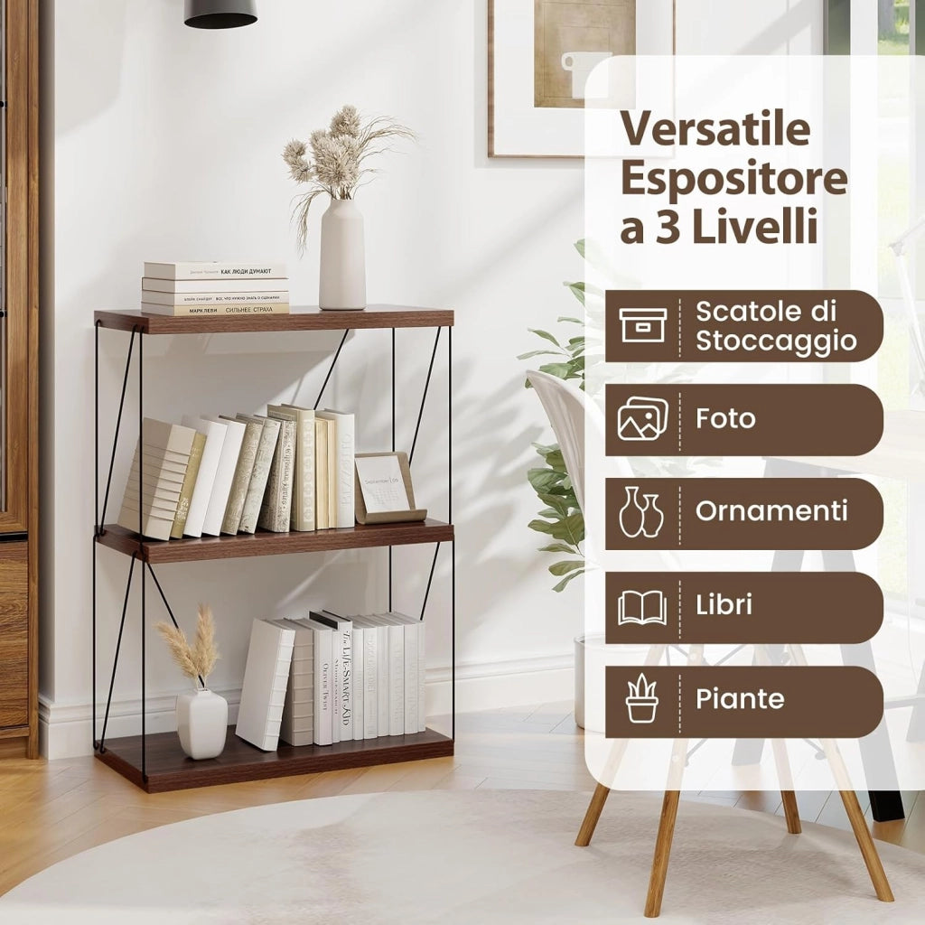 Scaffale Multiuso a 2/3/4/5 Ripiani, Libreria Autoportante con Struttura in Metallo, Stile Industriale, per Camera da Letto, Soggiorno Ufficio Studio (3 Livelli 61x29,5x82cm)