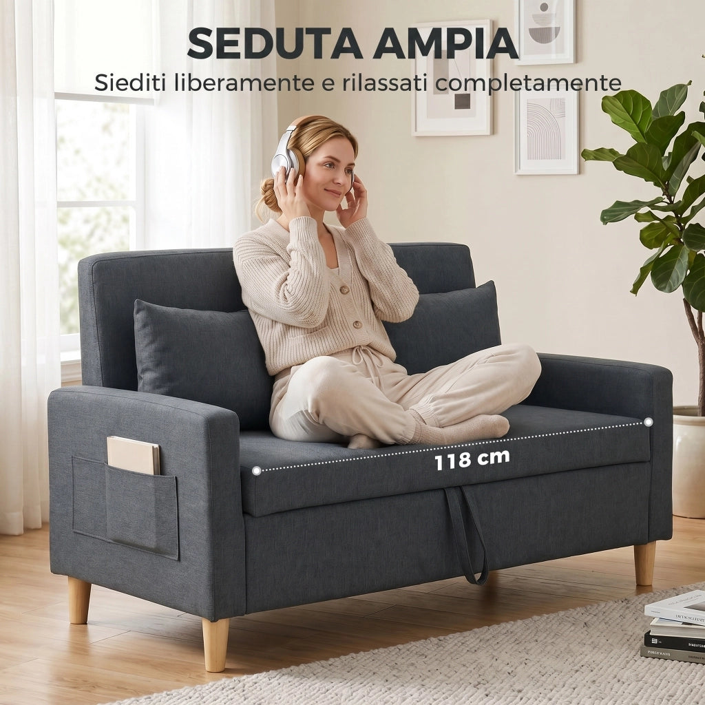 Divano 2 Posti 135x72x84 cm con Spazio Portaoggetti e Cuscini in Tessuto Effetto Lino e Legno Grigio Scuro