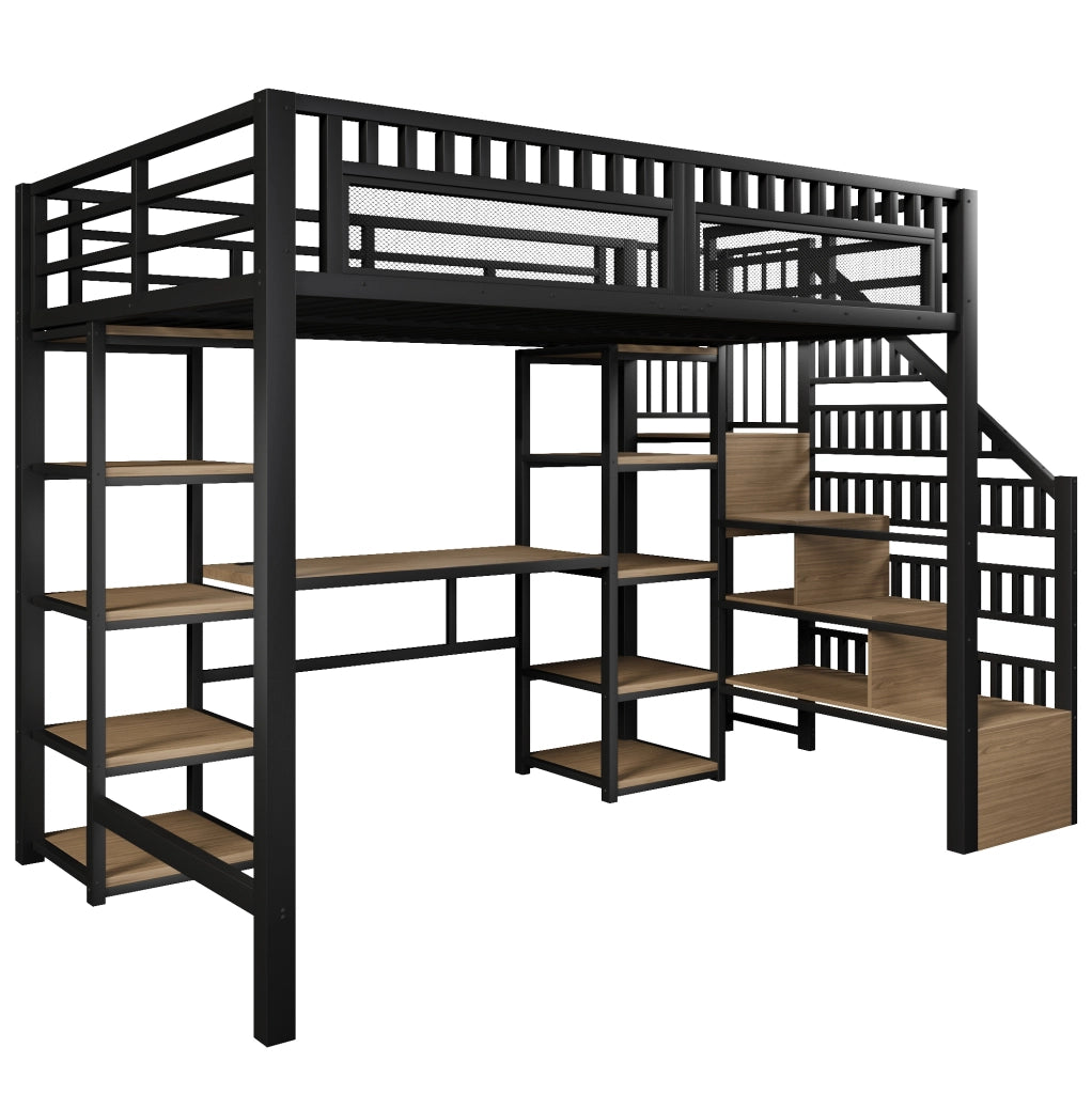 Letto a soppalco 140x200 cm con scrivania; scala contenitore; LED e USB; metallo e MDF nero