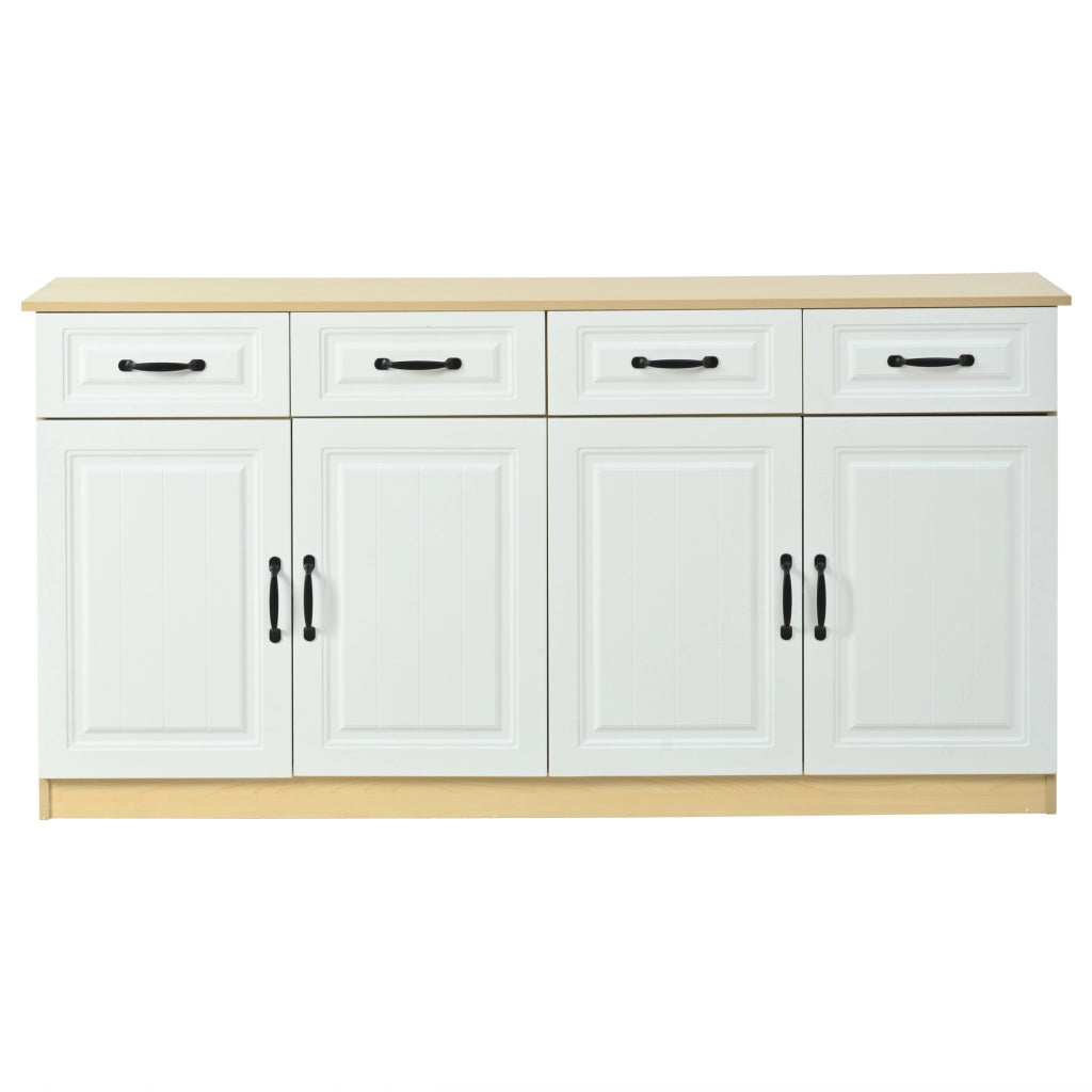 Credenza con 4 cassetti e 4 ante; 2 ripiani e 8 maniglie in metallo; per soggiorno e cucina; 160×35×80 cm