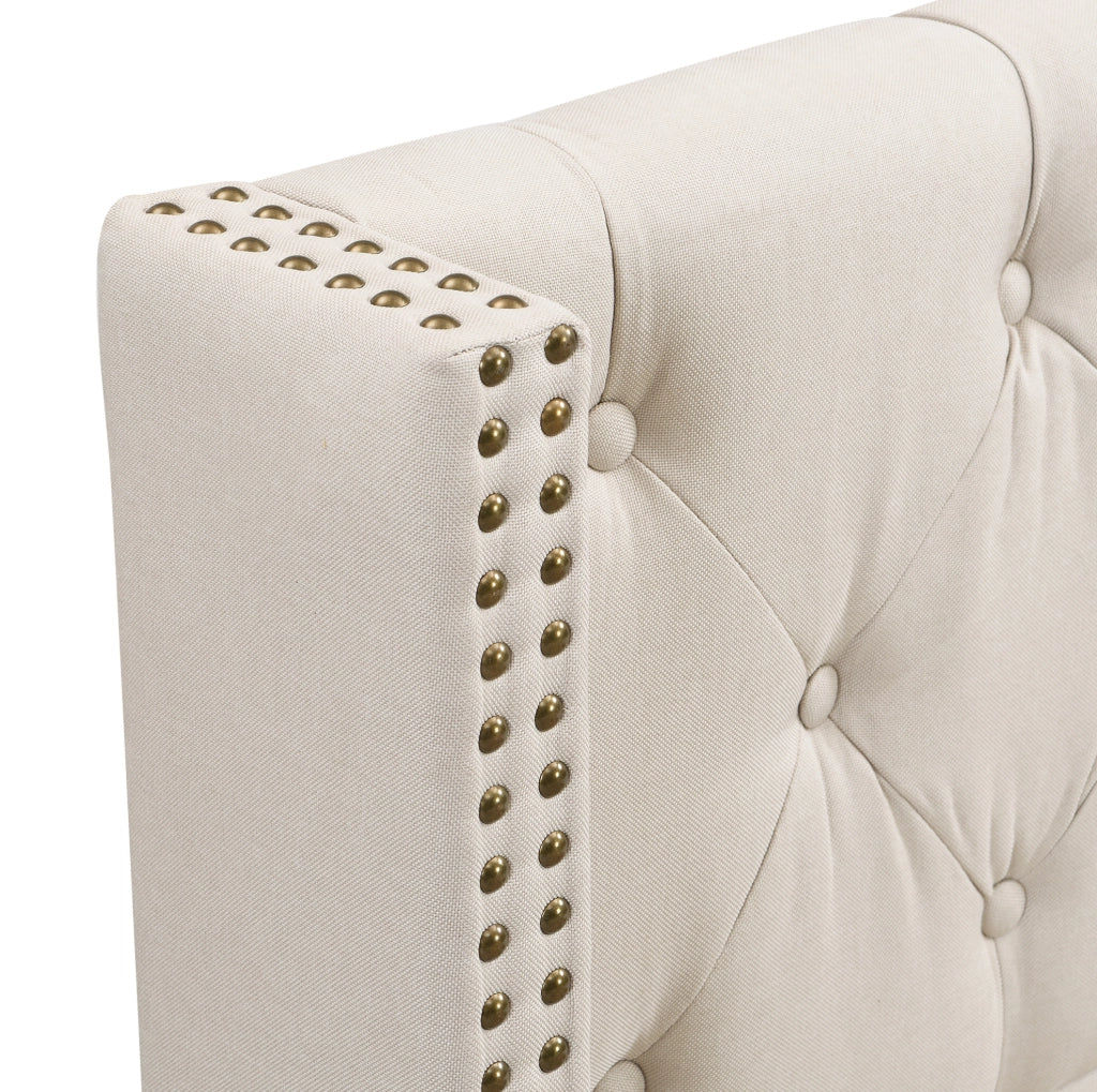 Letto imbottito 90x200 cm in lino beige con testiera capitonné e rete a doghe