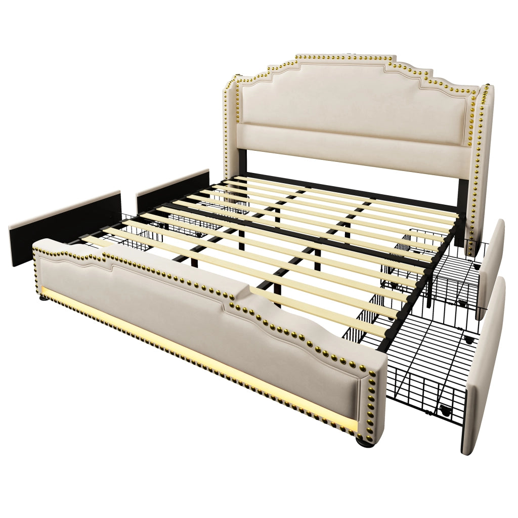 Letto imbottito matrimoniale 180x200 cm con 4 cassetti, LED, USB e Type-C, velluto beige, senza materasso