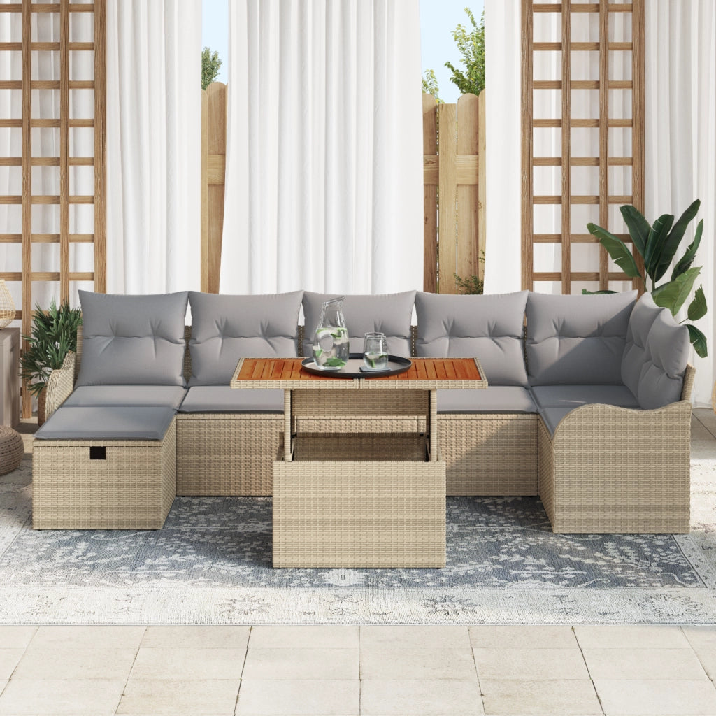 Set da Giardino  8 Pezzi con Cuscini Beige Rattan Poliestere