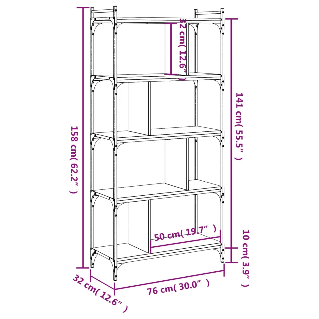 Libreria-Scaffale per Libri-Mobile di Stoccaggio Nera 5 Ripiani 76x32x158 cm Legno Multistrato