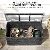 Panca Contenitore 380L in HDPE con 2 Maniglie Laterali e Leva a Gas, 115x60x60 cm, Nero e Grigio