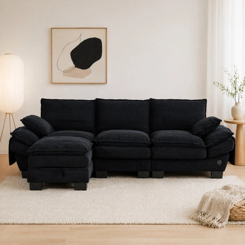 DIVANO modulare 3 posti con pouf 260x132x84 cm Corduroy nero