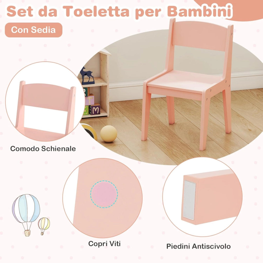 Toeletta Trucco 2 in 1 per Bambina, Specchiera per Ragazza in Legno con Mensole, Cassetto, Ripiani e Luci LED Regolabile, Postazione Trucco per 3 Anni, 80 x 40 x 94 cm (Rosa Chiaro)