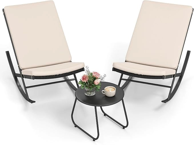 Set 3 Pezzi Sedie a Dondolo, Sedie in Rattan PE con Tavolino in Metallo e Cuscini Spessi, Set di Mobili da Giardino per Balcone e Bordo Piscina
