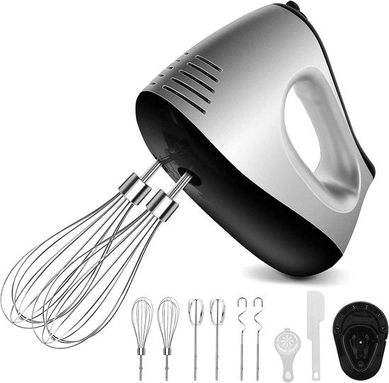 Mixing machine elettrica 500 W - 5 velocità - funzione turbina - con 2 impastatrici - 2 uncini - 2 guardia - sbriciolatrice - estrattore di uova - spatola per torte - inclusa la base.