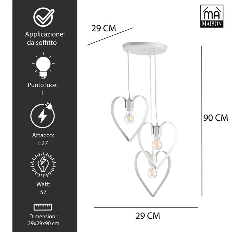 TRENDY LAMPADARIO DESIGN MODERNO IN METALLO COLORE BIANCO E27 3 LUCI 57 WATT H90X35 CM