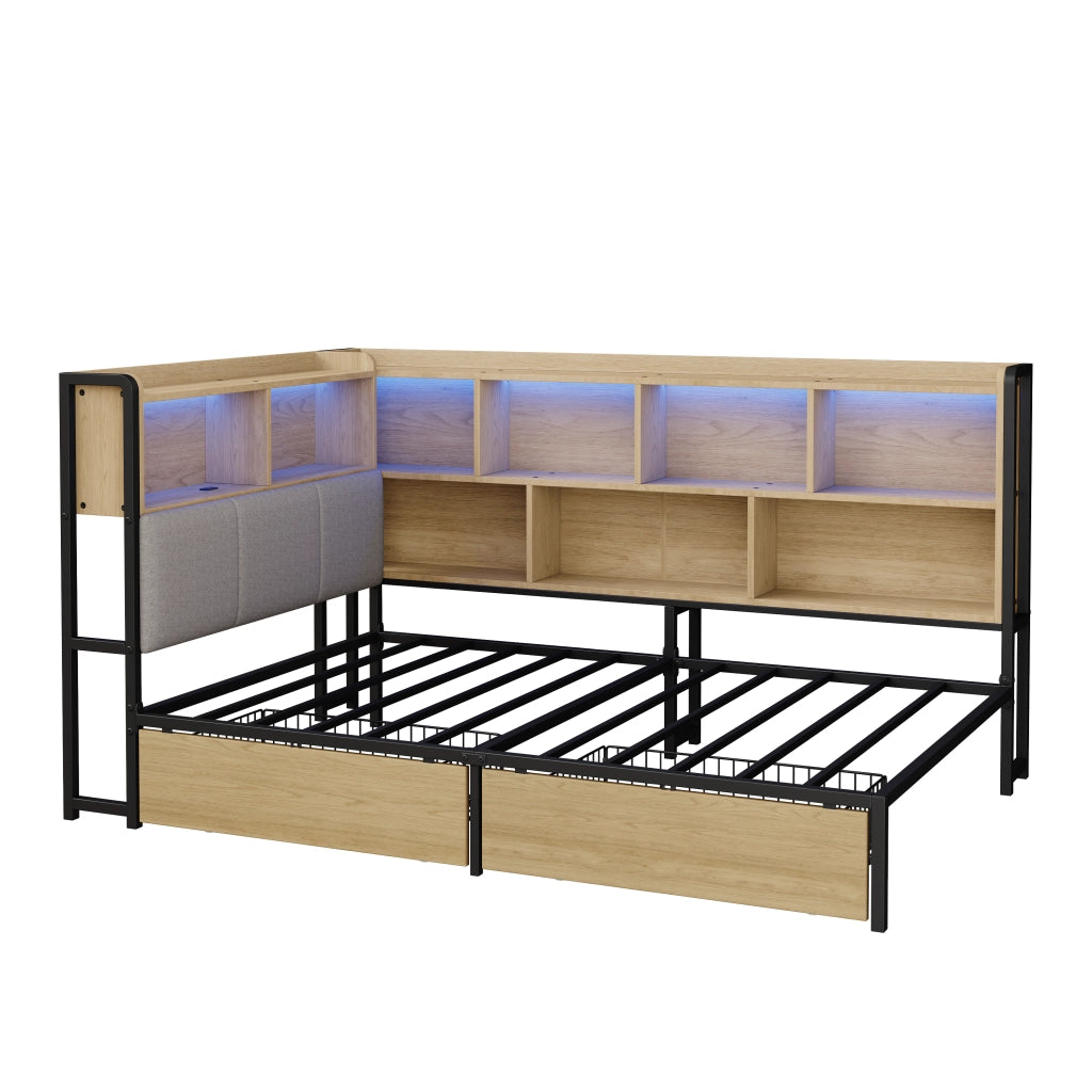 Letto Imbottito con LED, USB e Cassetti ¨C MINIMAL ¨C 90x200, Metallo, Naturale