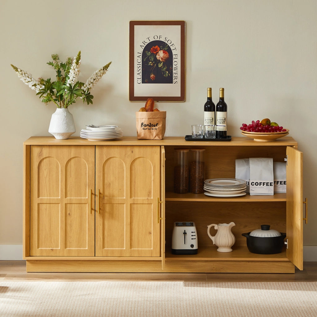 Credenza con ante curve; ripiani regolabili e antiribaltamento - per soggiorno - in MDF - 169×40×80 cm - naturale